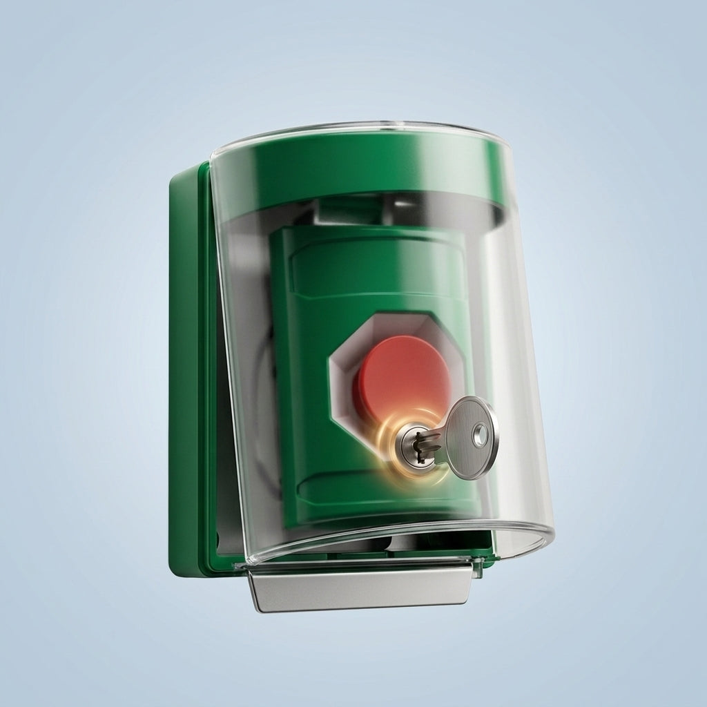 ​​Botón Multipropósito, Color Verde, De Superficie, Con Tapa De Policarbonato, Con Bocina Pre Alarma, Solo Interior, Llave Para Restablecer, Texto De