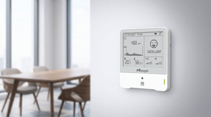 Monitor Ambiental IAQ LoRaWAN / 9 Sensores (CO2, TVOC, Temp, Hum) / Display E-ink 4.2 Pulgadas / Certificación WELL / Monitoreo para BMS y Edificios