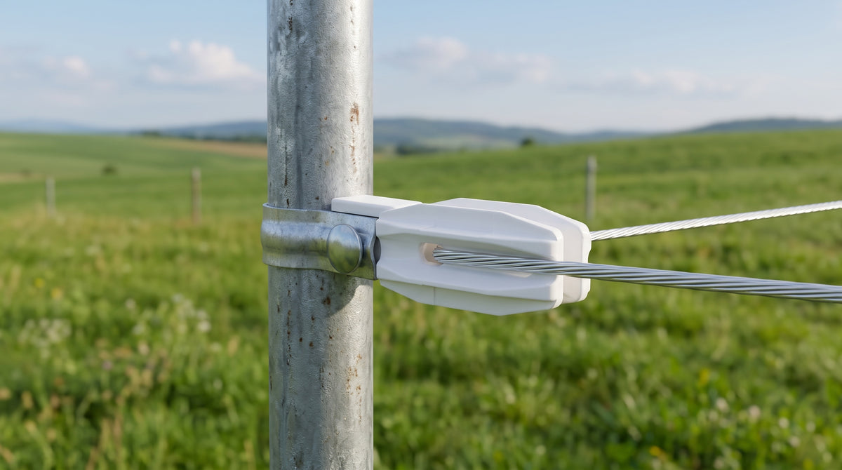 Aislador de Paso o Esquina Blanco con Abrazadera / 1 Pulgada (25 mm) / Resina Virgen 100% / Anti-Arqueo / Acero Galvanizado / Poste Cerco Eléctrico