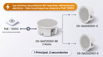 Kit Altavoz principal y 2 bocinas secundarias, solo alimenta la principal / No requiere amplificador | Bluetooth | Hik-Connect | Musical Ambiental |