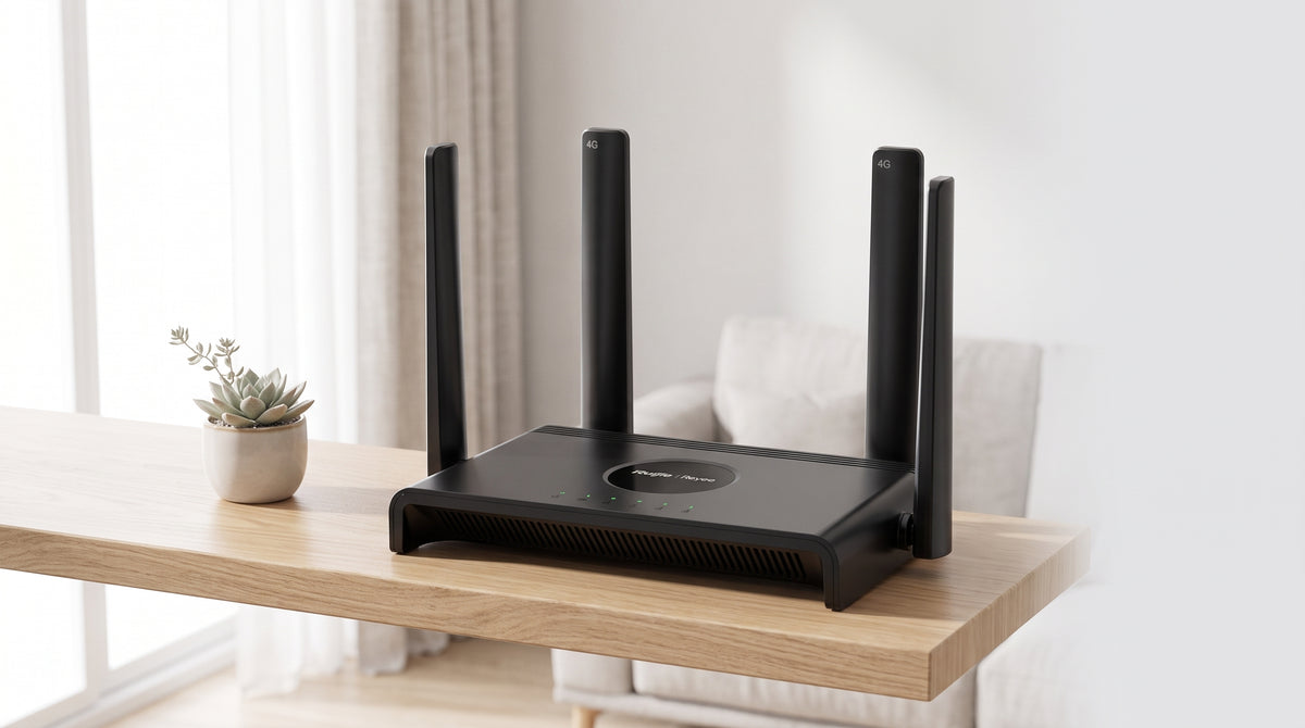 Router 4G LTE CAT.4 / Wi-Fi 4 N300 300 Mbps / Slot Micro SIM Plug & Play / 4 Puertos 10/100 / 4 Antenas Externas / Administración Cloud Ruijie Reyee