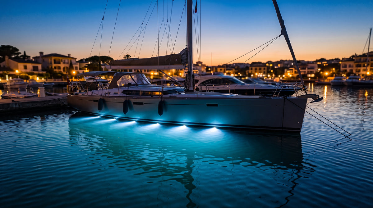 Luz led marina sumergible SeaBlaze Quattro, emite luz de color blanco y azul de 2000 lúmenes, fabricada en bronce naval con grado de protección IP68