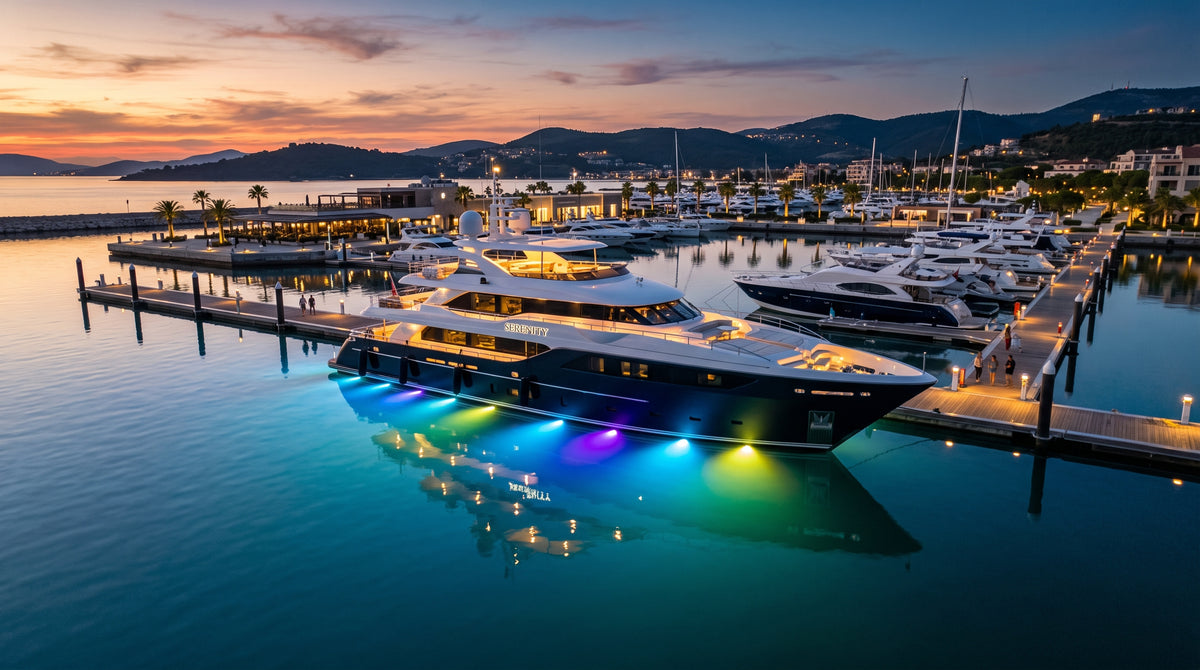 Luz led marina sumergible SeaBlaze Quattro, emite luz multicolor de 2000 lúmenes, fabricada en bronce naval con grado de protección IP68