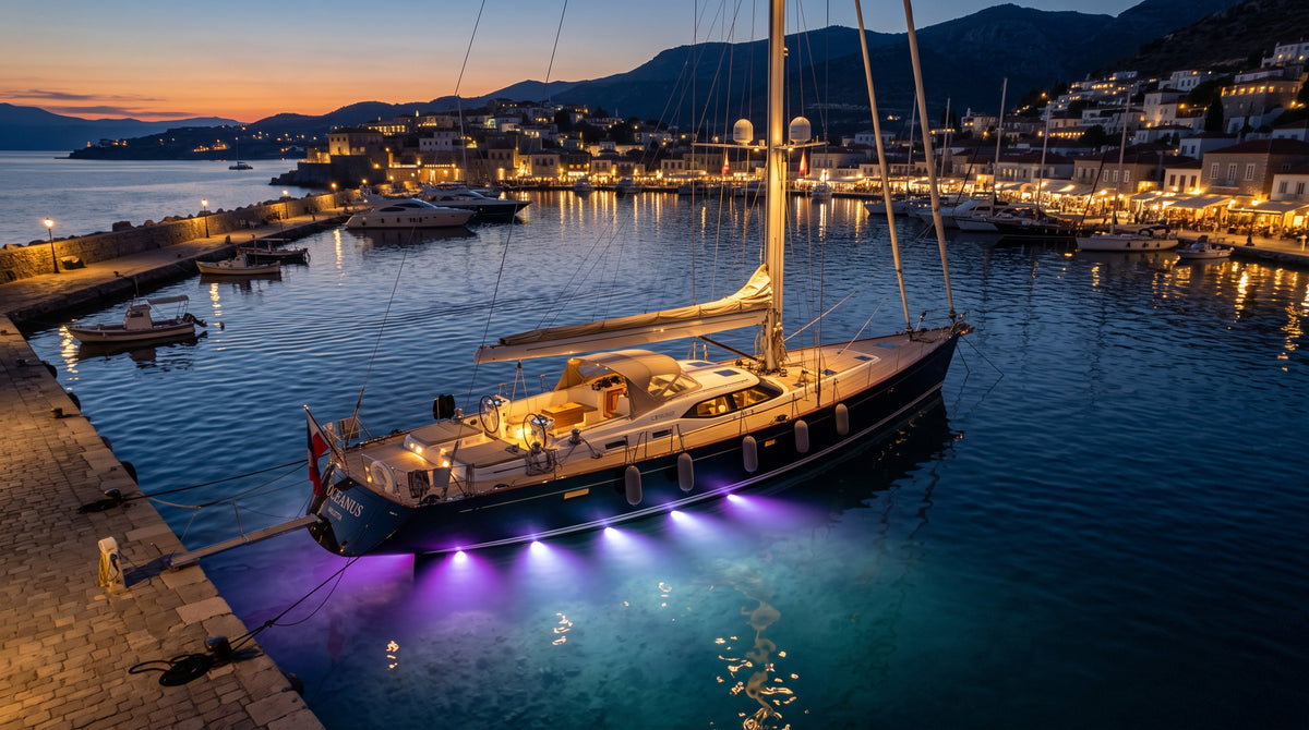Luz led marina sumergible SeaBlaze Quattro, emite luz multicolor de 2000 lúmenes, fabricada en bronce naval con grado de protección IP68