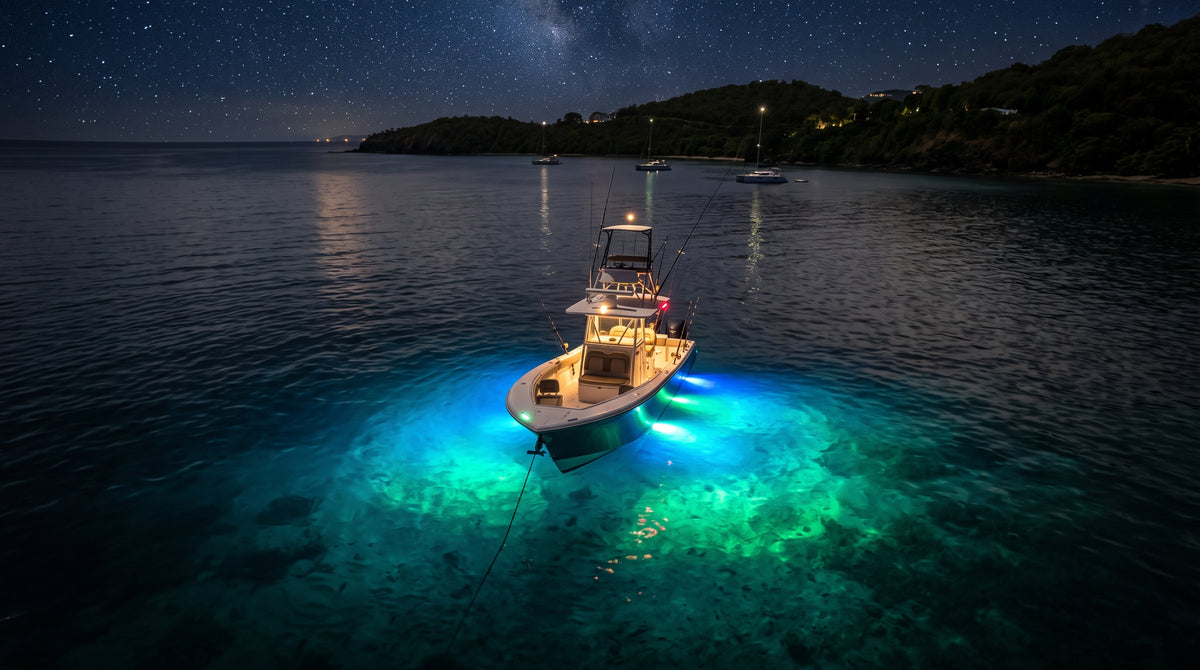 Luz led marina sumergible SeaBlaze Quattro, emite luz multicolor de 2000 lúmenes, fabricada en bronce naval con grado de protección IP68