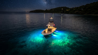 Luz led marina sumergible SeaBlaze Quattro, emite luz multicolor de 2000 lúmenes, fabricada en bronce naval con grado de protección IP68