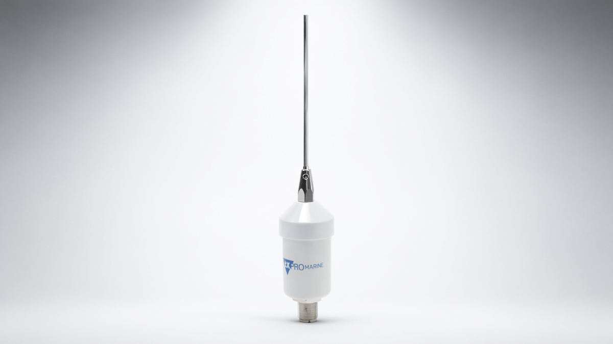 Antena Marina VHF / Látigo Acero Inoxidable / 156-163 MHz / 3.5 dBi / Cable 4.5 m (14.8 ft) / PL-259 / Montaje en L / Exterior