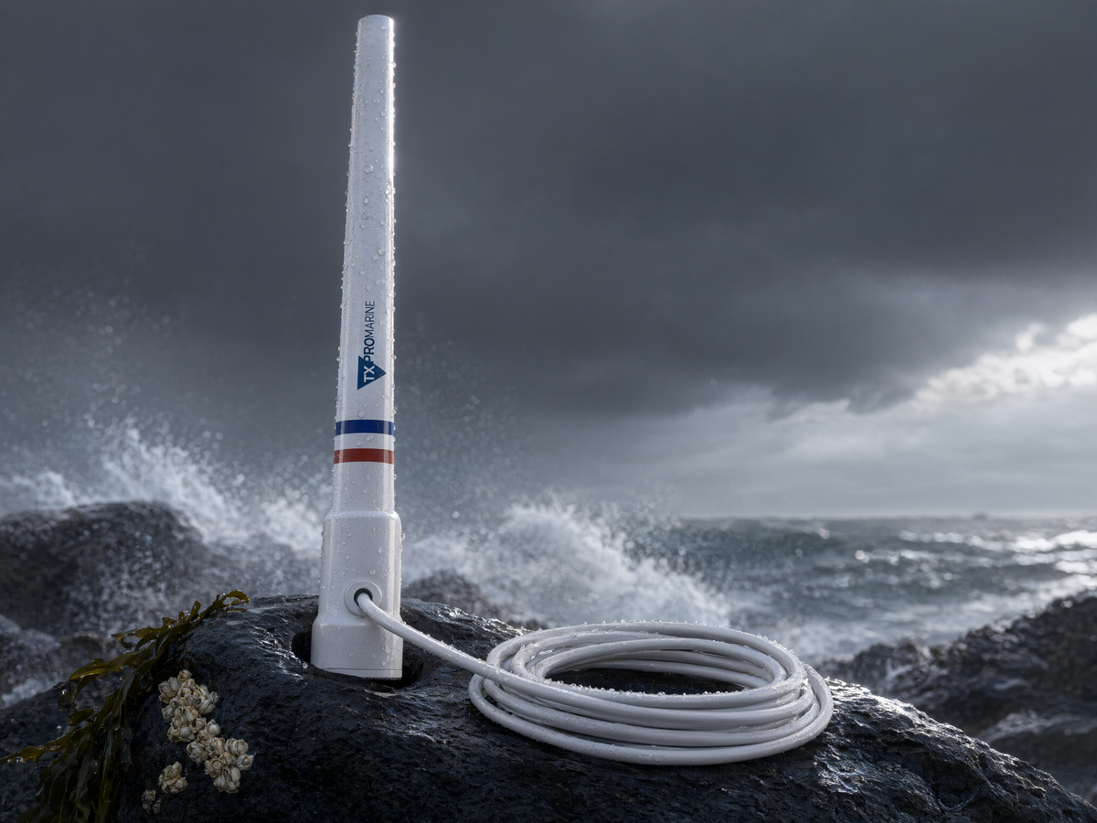 Antena Marina VHF / Fibra de Vidrio / 156-163 MHz / 6.5 dBi / Cable 10 m (32.8 ft) / PL-259 / Exterior IP67