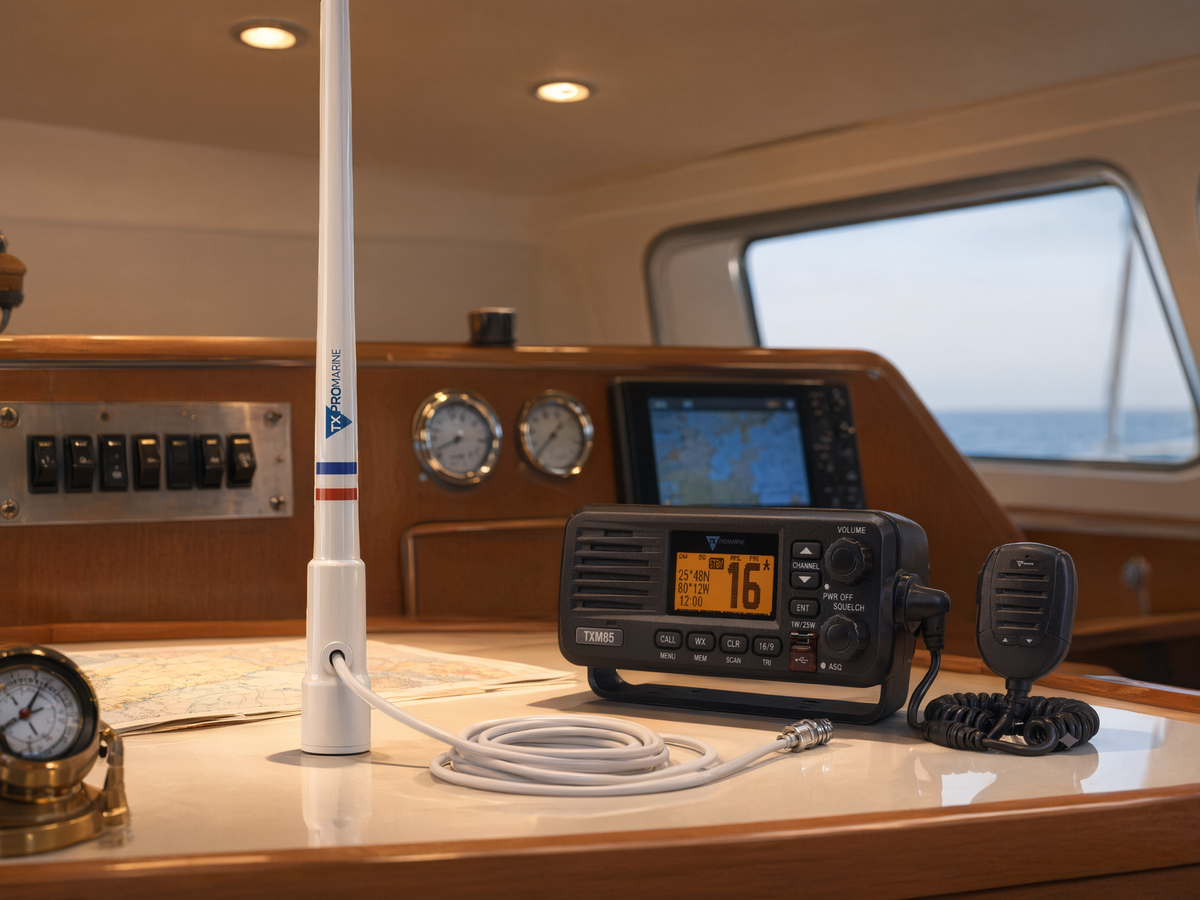 Antena Marina VHF / Fibra de Vidrio / 156-163 MHz / 6.5 dBi / Cable 10 m (32.8 ft) / PL-259 / Exterior IP67