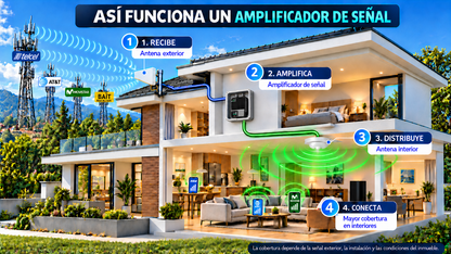 KIT Amplificador Office 200 / Soporta redes 2G, 3G, 4G y Mejora llamadas / Amplifica señal TELCEL, AT&T y MOVISTAR / Con antena direccional / Cubre