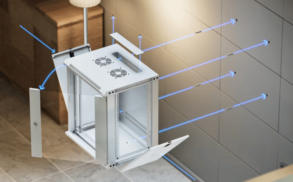 UACC Rack Cabinet 12U (550 x 450 mm) - Gabinete Cerrado para Montaje en Pared con Puerta de Vidrio Templado, Totalmente Ensamblado con Ventiladores