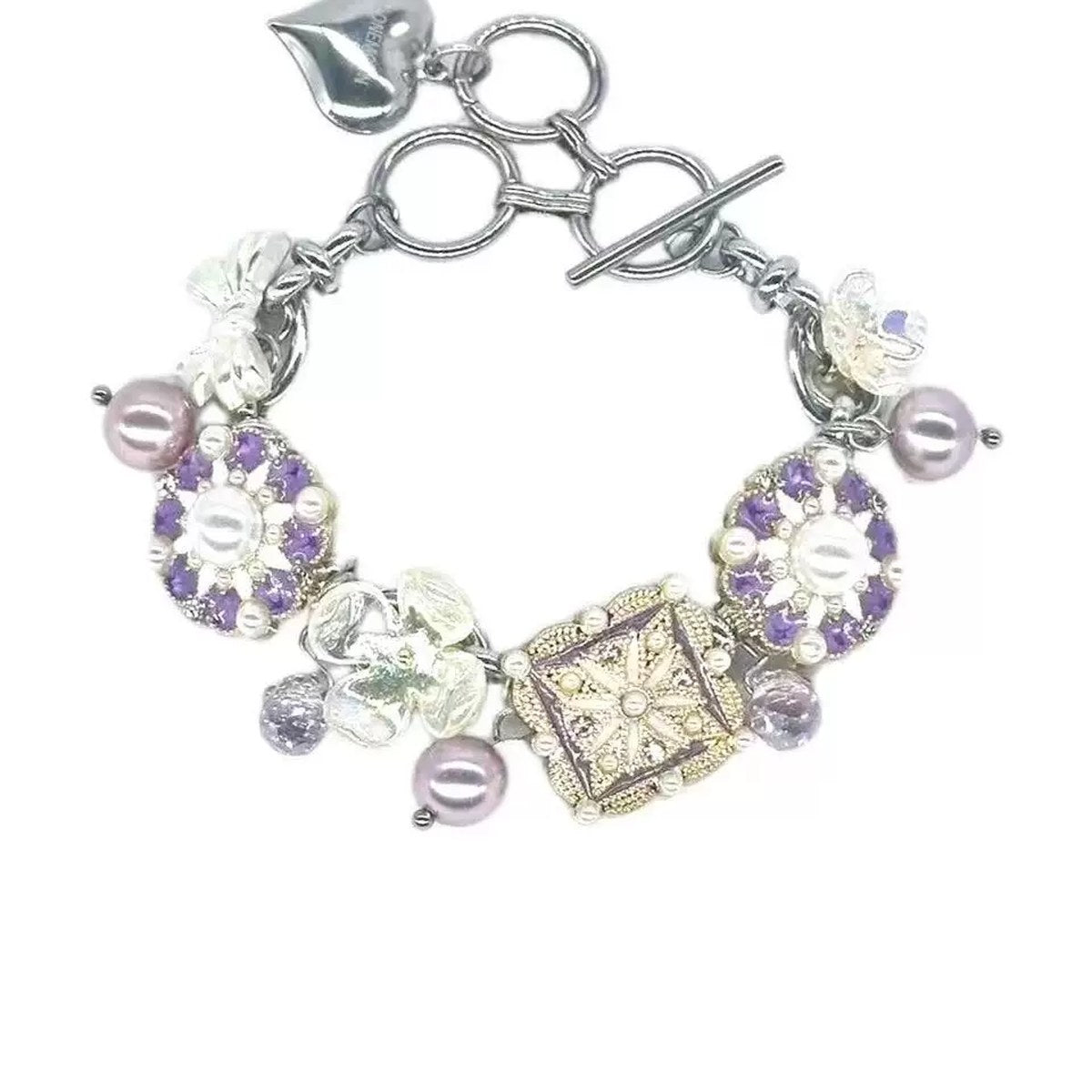 Pulsera vintage lila de acero de titanio con perlas de concha y piedras naturales