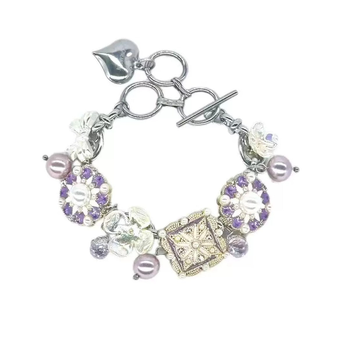 Pulsera vintage lila de acero de titanio con perlas de concha y piedras naturales
