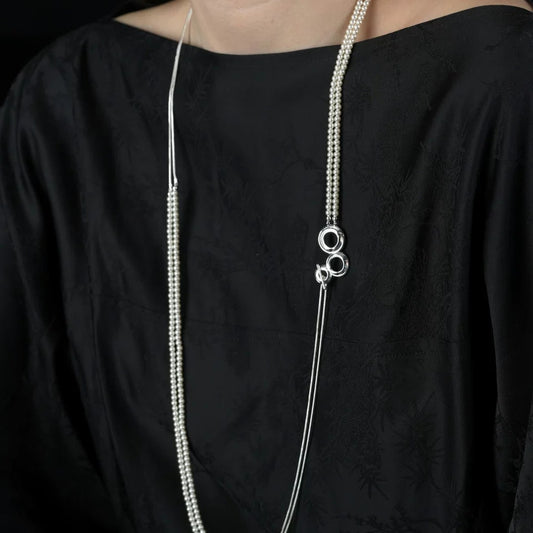 Collar largo de perlas y cadena serpiente 'cascada', 80 cm, con broche convertible