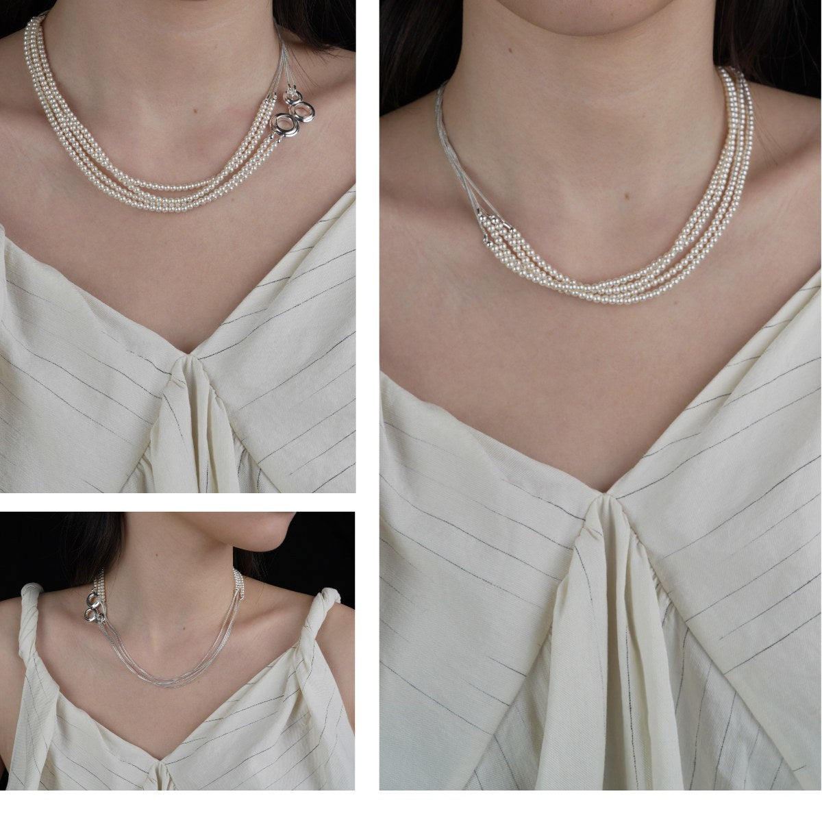 Collar largo de perlas y cadena serpiente 'cascada', 80 cm, con broche convertible