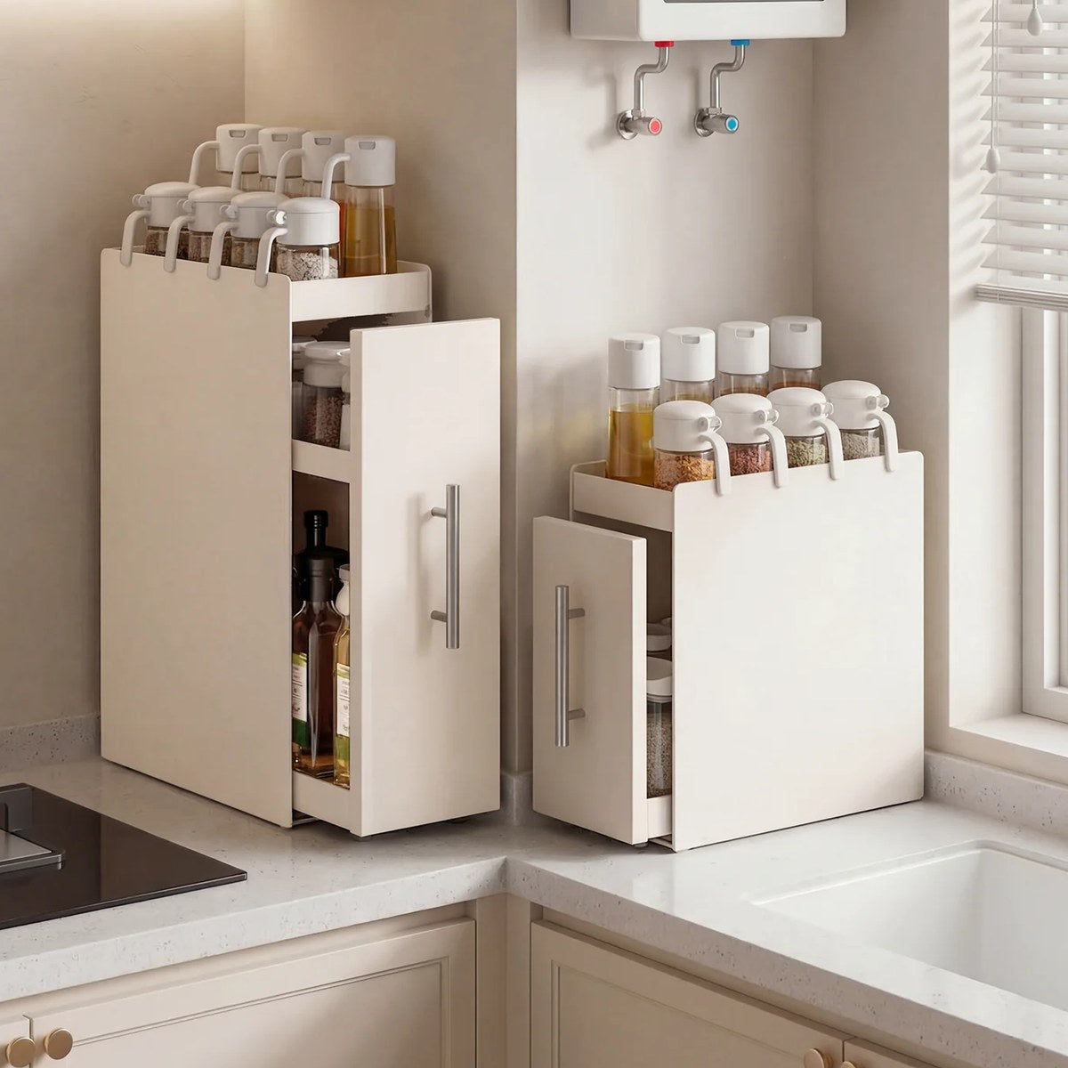 Organizador extraíble angosto para especias y botellas, de acero o con vidrio (2 o 3 niveles)