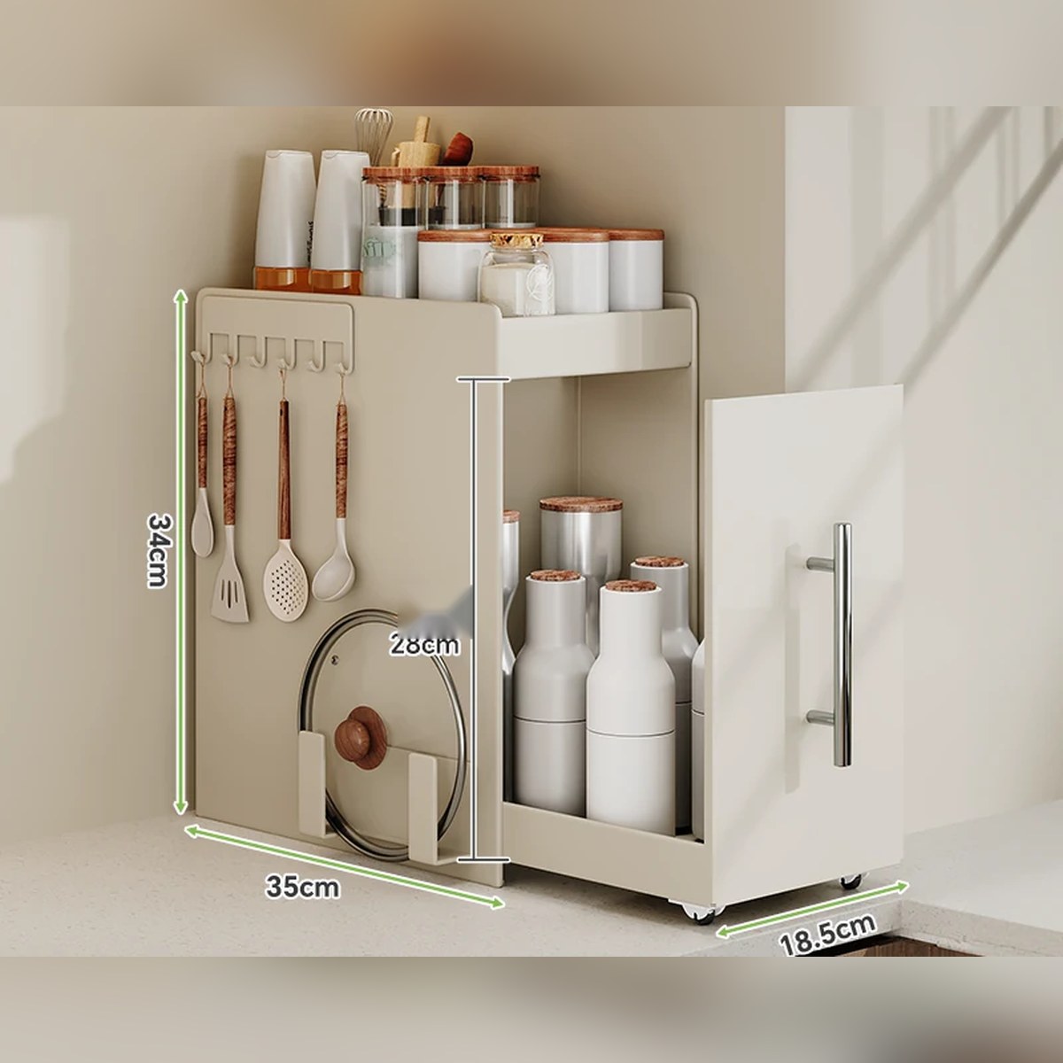 Organizador extraíble angosto para especias y botellas, de acero o con vidrio (2 o 3 niveles)
