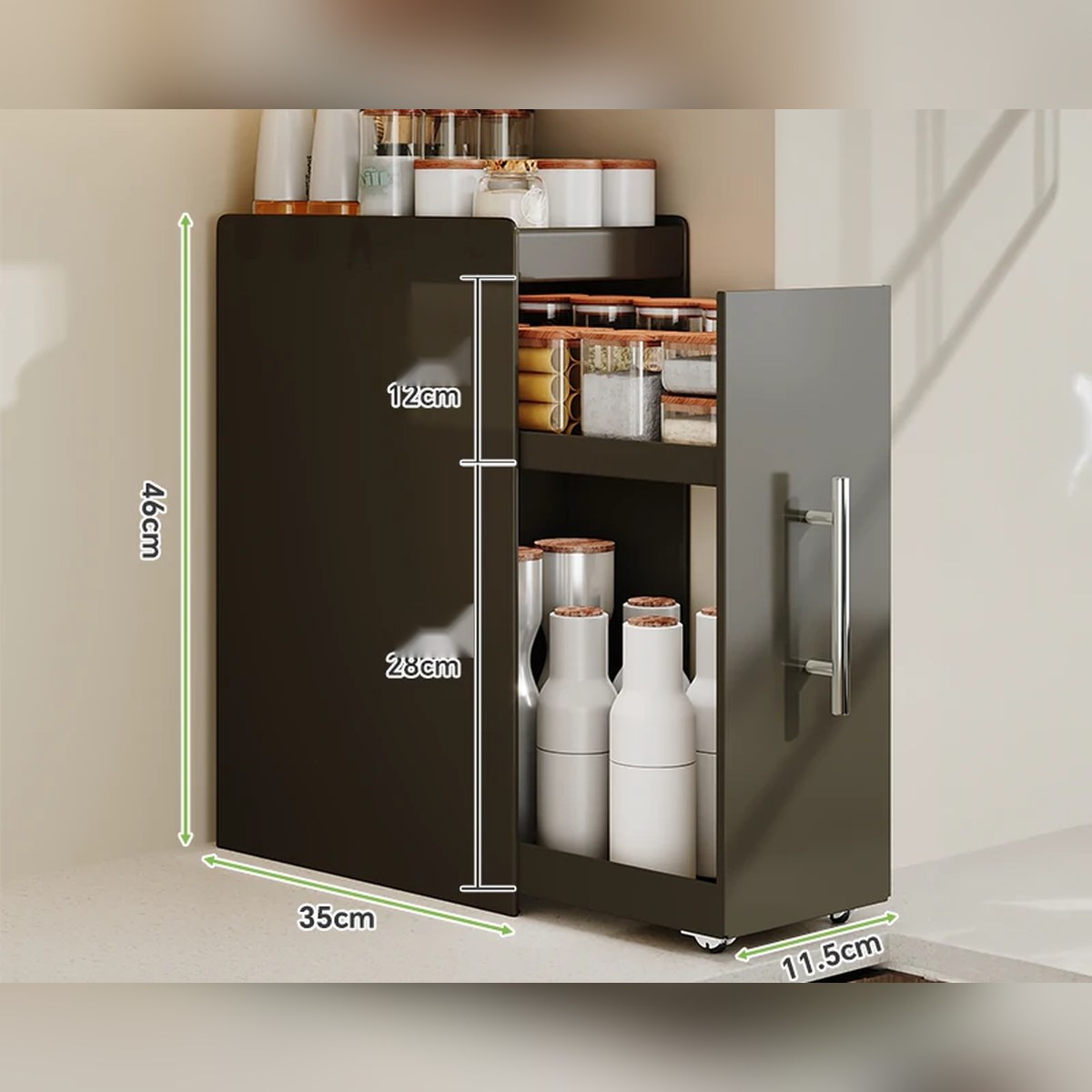 Organizador extraíble angosto para especias y botellas, de acero o con vidrio (2 o 3 niveles)