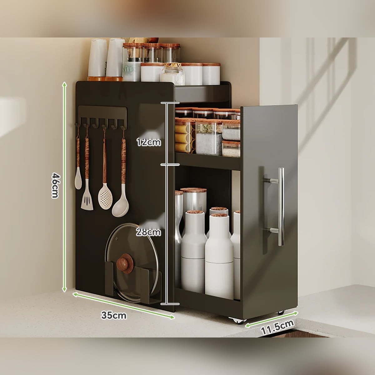 Organizador extraíble angosto para especias y botellas, de acero o con vidrio (2 o 3 niveles)