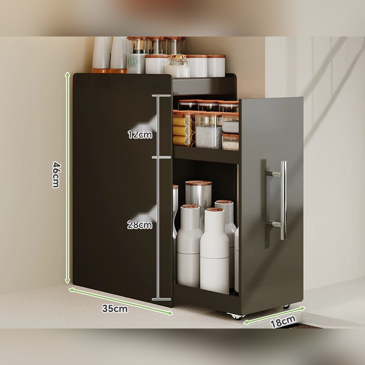 Organizador extraíble angosto para especias y botellas, de acero o con vidrio (2 o 3 niveles)