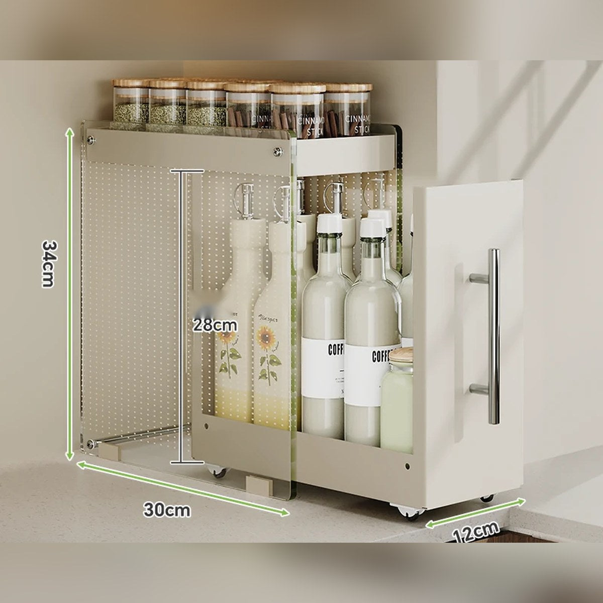 Organizador extraíble angosto para especias y botellas, de acero o con vidrio (2 o 3 niveles)