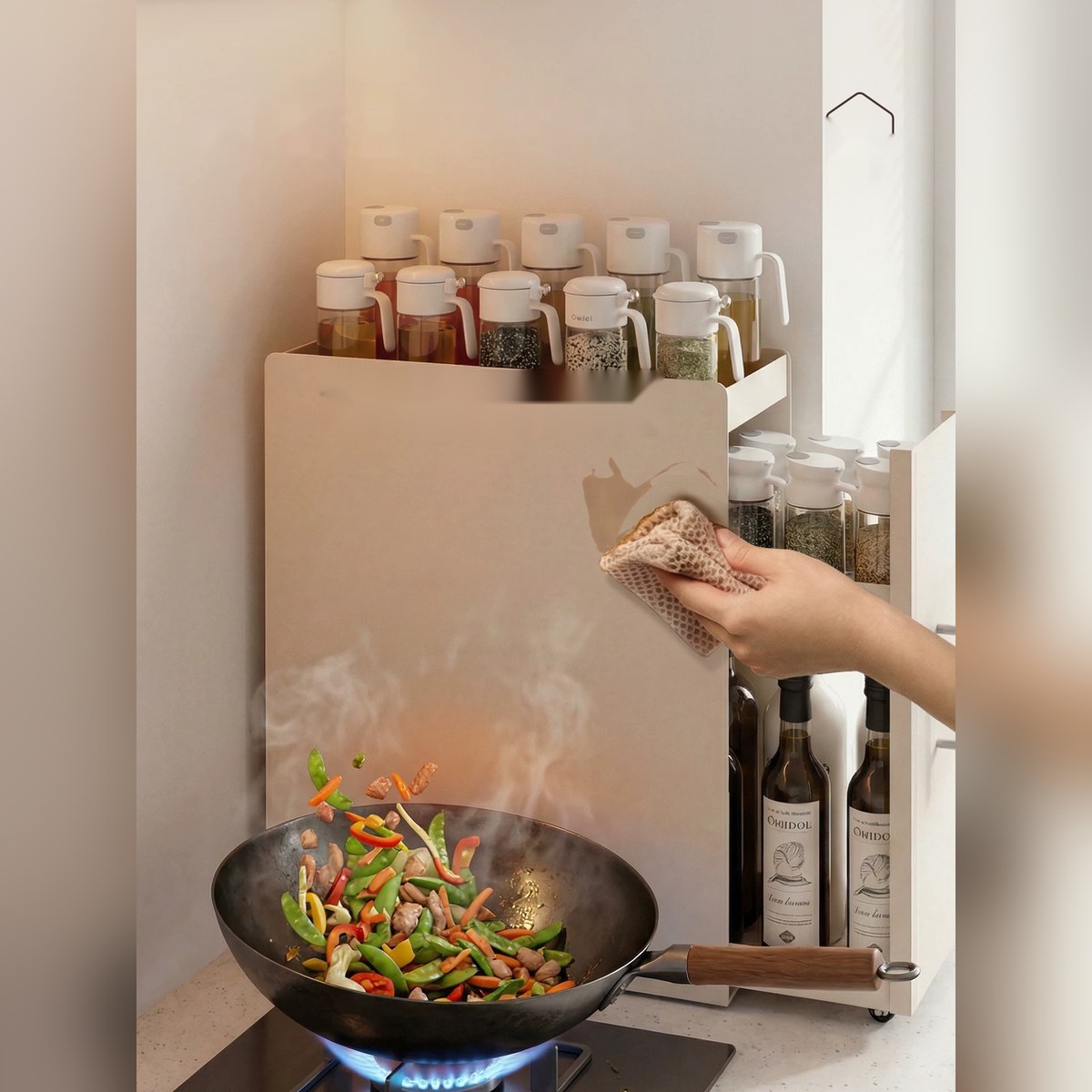 Organizador extraíble angosto para especias y botellas, de acero o con vidrio (2 o 3 niveles)