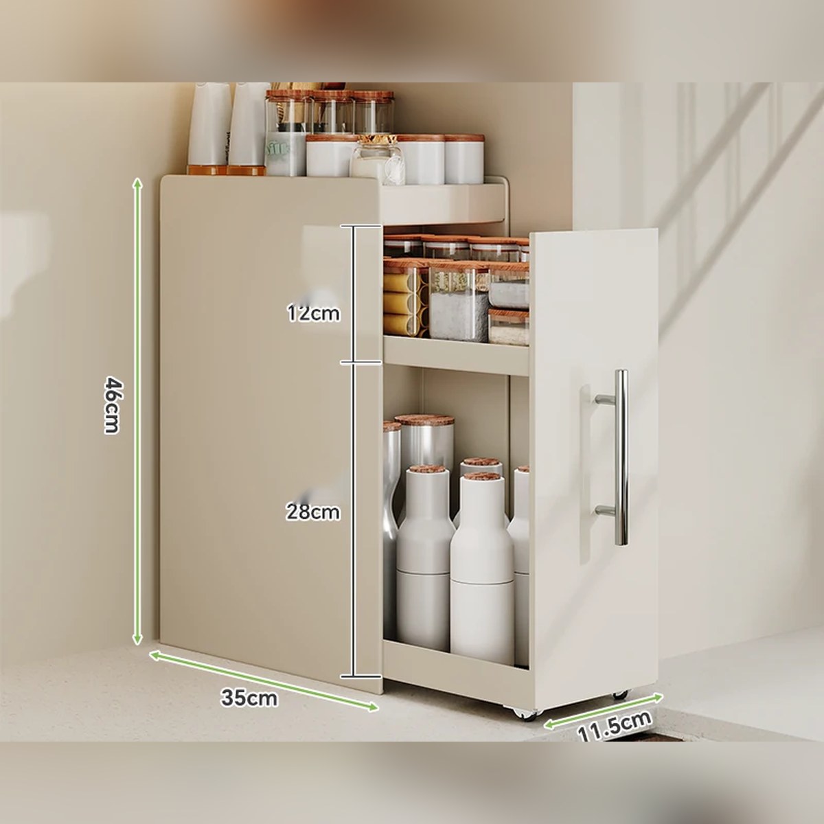 Organizador extraíble angosto para especias y botellas, de acero o con vidrio (2 o 3 niveles)