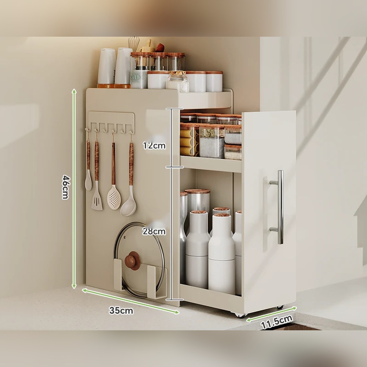Organizador extraíble angosto para especias y botellas, de acero o con vidrio (2 o 3 niveles)