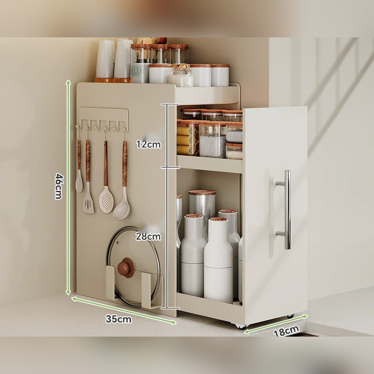 Organizador extraíble angosto para especias y botellas, de acero o con vidrio (2 o 3 niveles)