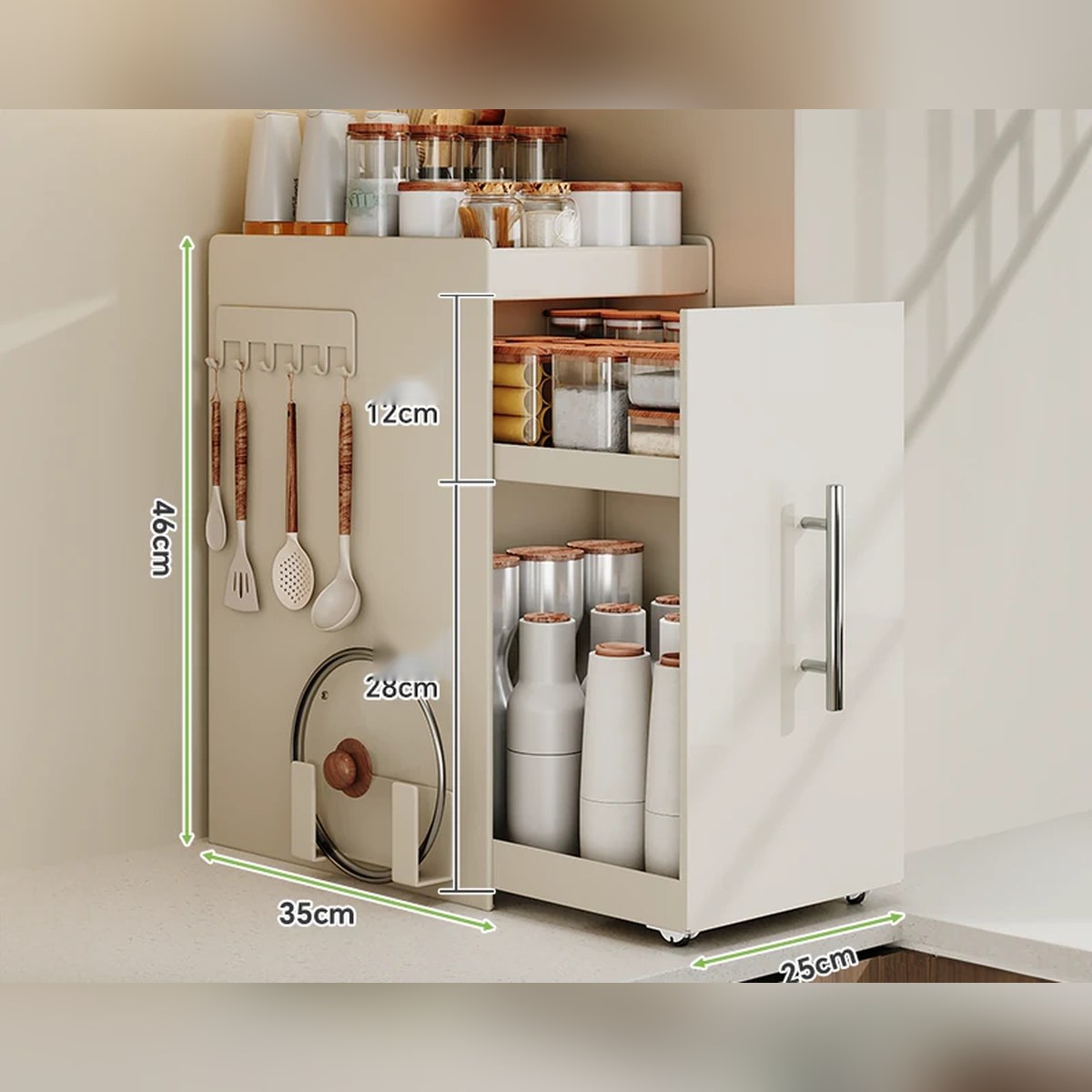 Organizador extraíble angosto para especias y botellas, de acero o con vidrio (2 o 3 niveles)