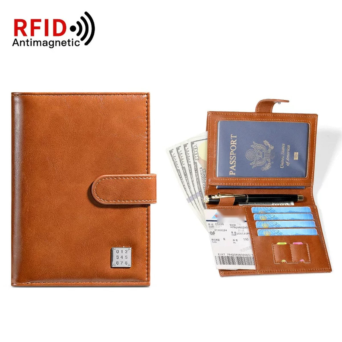 Cartera porta pasaporte con bloqueo RFID para 2 pasaportes, tarjetas y boletos