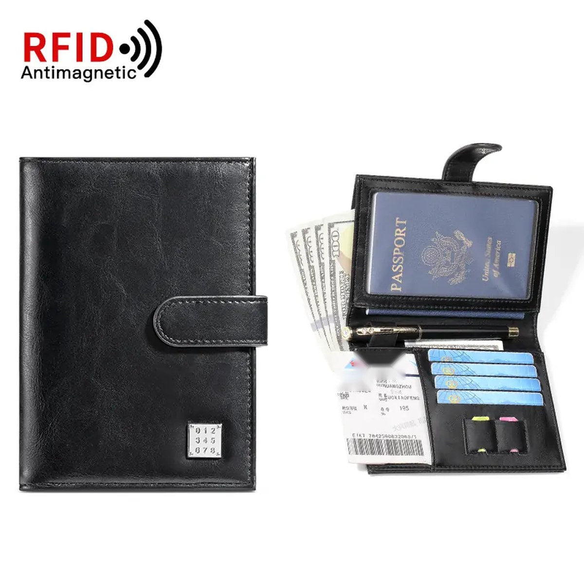 Cartera porta pasaporte con bloqueo RFID para 2 pasaportes, tarjetas y boletos