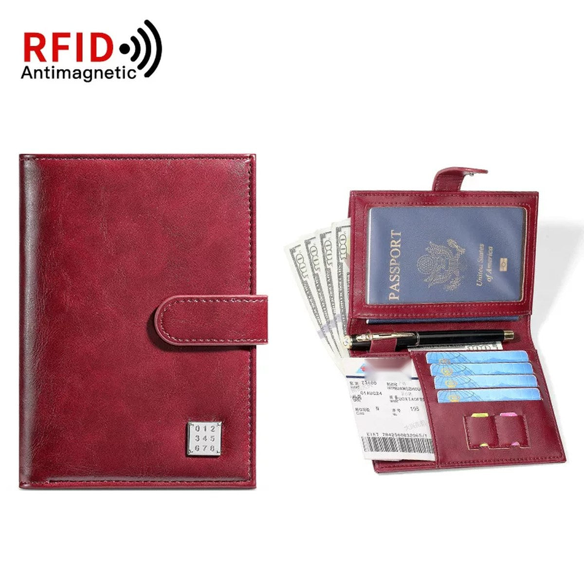 Cartera porta pasaporte con bloqueo RFID para 2 pasaportes, tarjetas y boletos