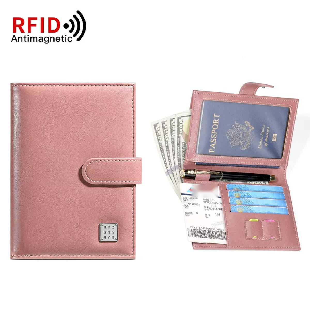 Cartera porta pasaporte con bloqueo RFID para 2 pasaportes, tarjetas y boletos