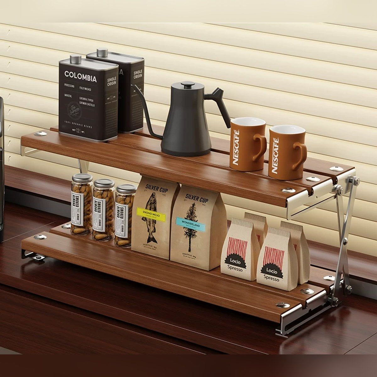 Estante plegable de escritorio de 2 o 3 niveles (nogal, madera maciza o negro)