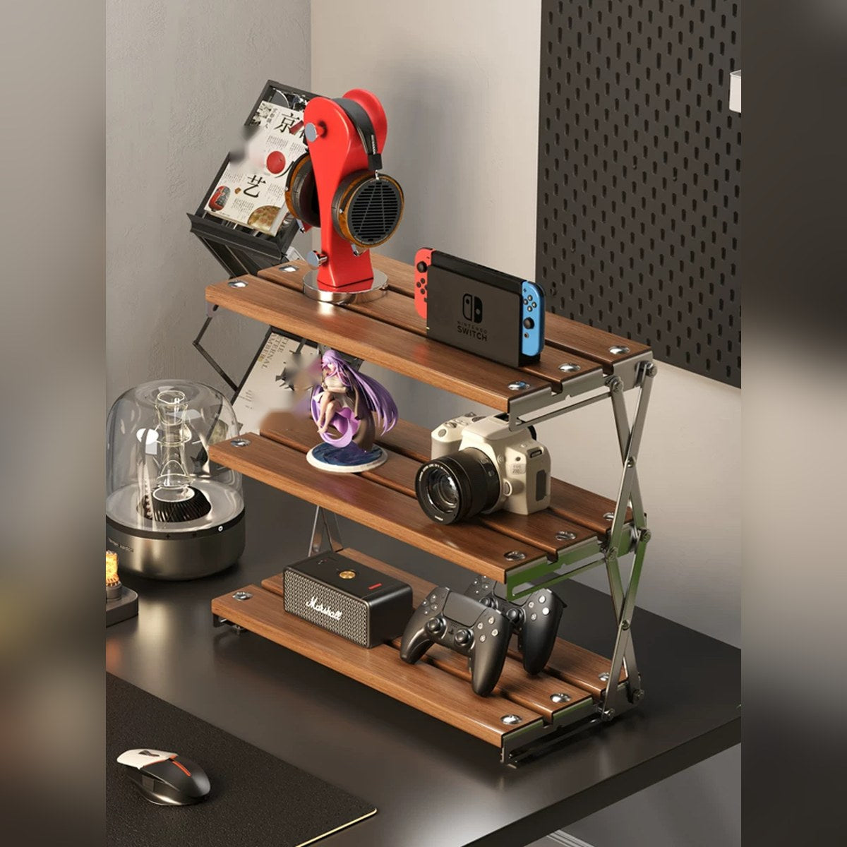 Estante plegable de escritorio de 2 o 3 niveles (nogal, madera maciza o negro)