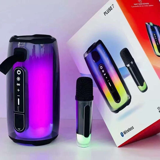 Bocina Altavoz Bluetooth Pulse7 colorido, luz ambiental de 360 grados, con opción de 1 o 2 microfonos para usar como karaoke, con batería incorporada