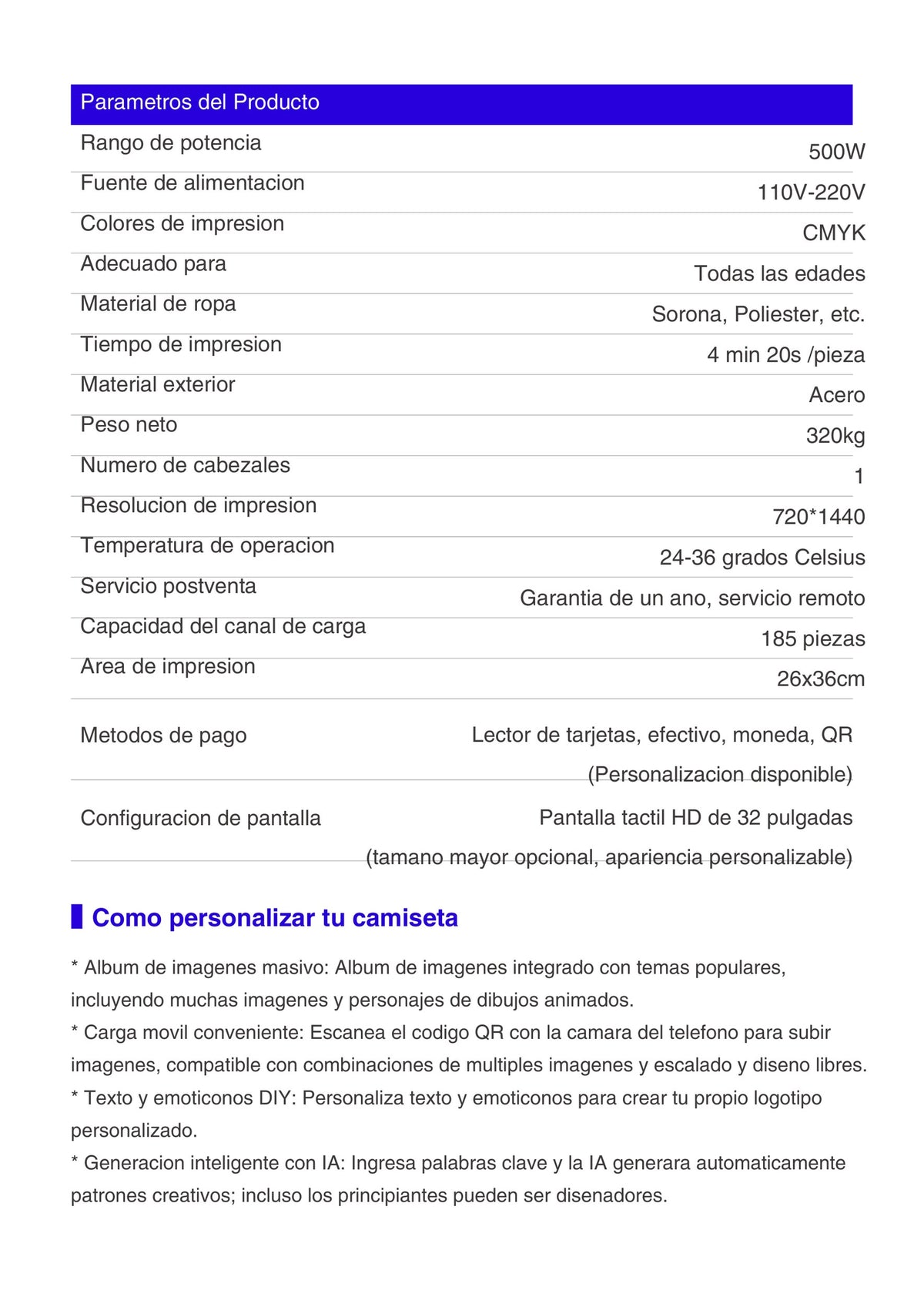 Parámetros del quiosco de impresión de camisetas con IA