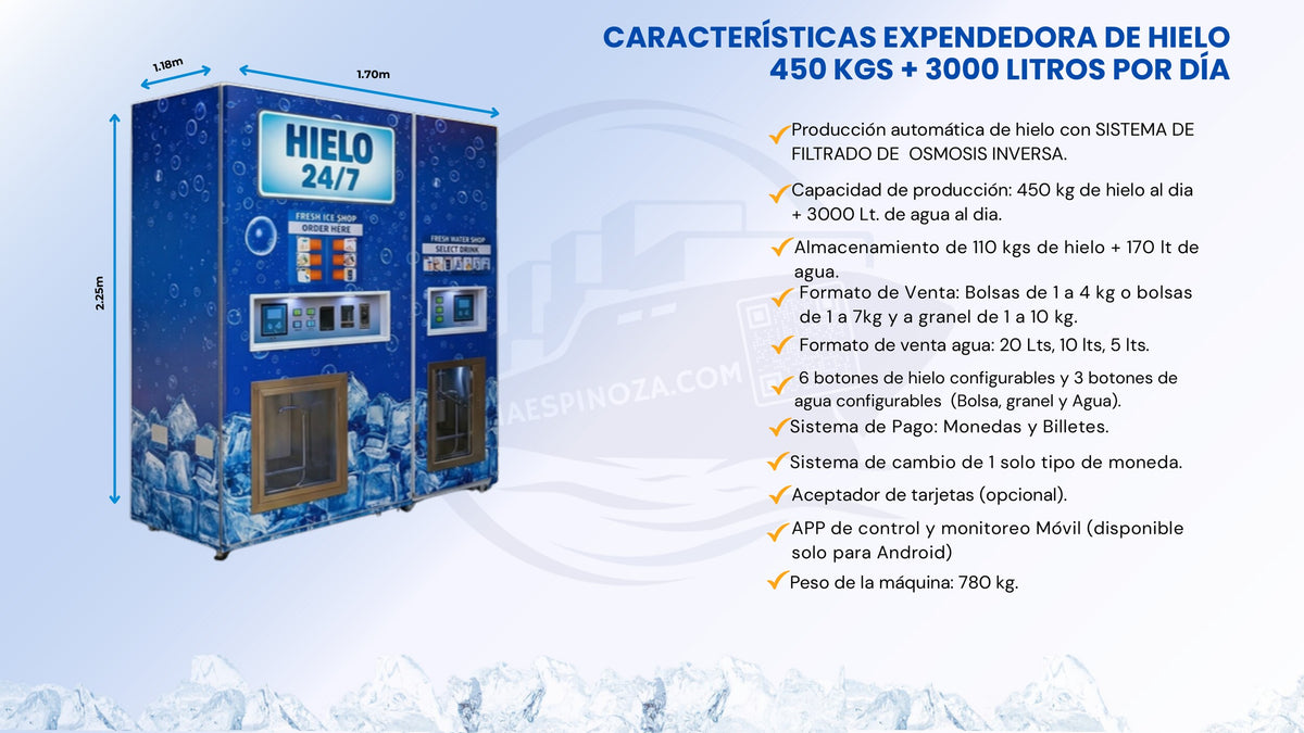 Características expendedora de hielo 450 kg + 3000 litros de agua por día