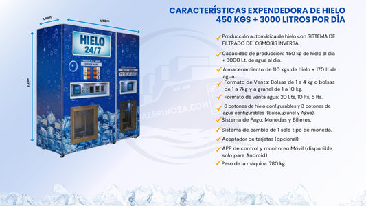 Características expendedora de hielo 450 kg + 3000 litros de agua por día