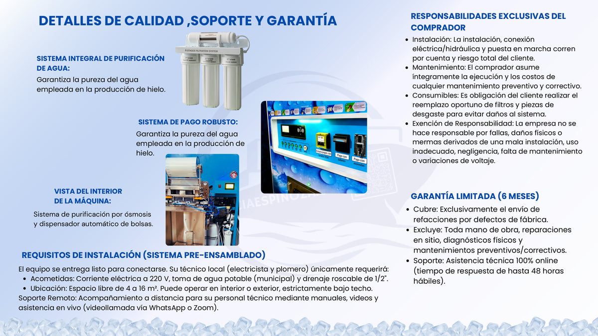 Detalles de calidad, soporte y garantía - expendedoras de hielo CIAESPINOZA