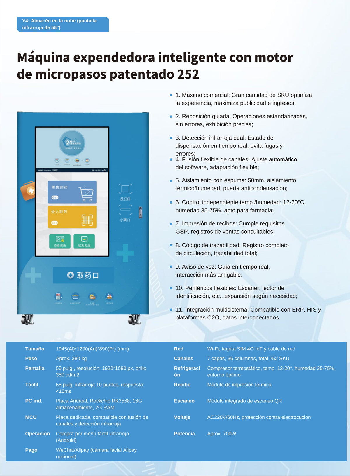 Máquina expendedora de medicamentos 252 SKU - ficha técnica
