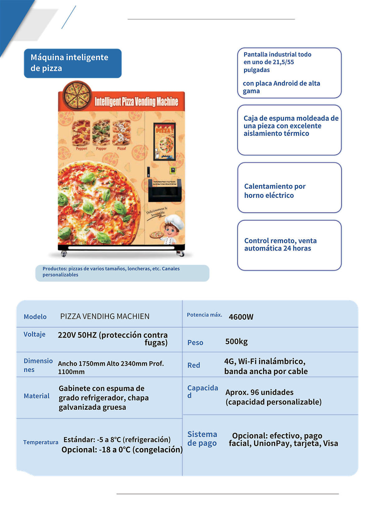 Máquina expendedora inteligente de pizza - ficha técnica