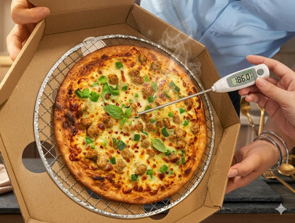 Pizza recién horneada servida por máquina expendedora