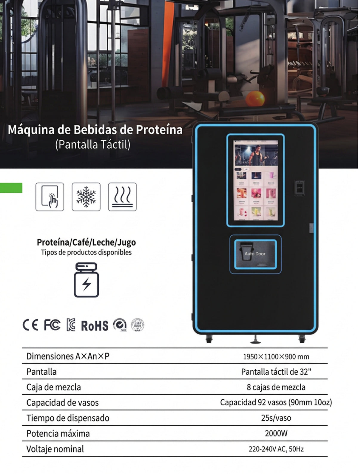 Máquina expendedora de bebidas de proteína con pantalla táctil - ficha técnica