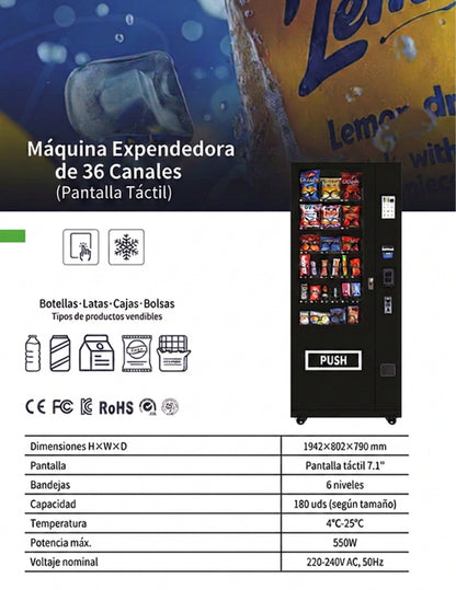 Máquina expendedora de snacks 36 canales con pantalla táctil - ficha técnica