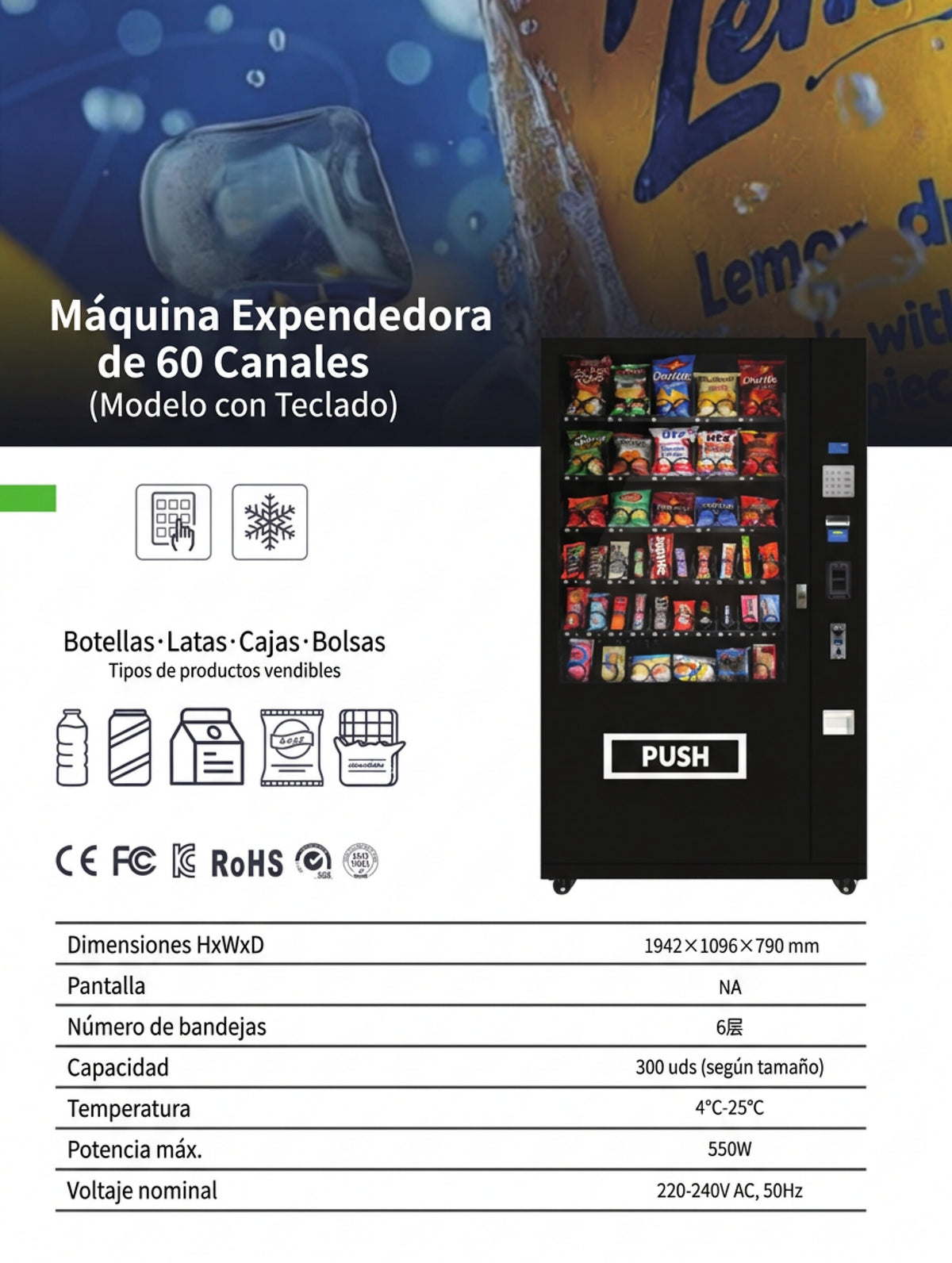 Máquina expendedora de snacks 60 canales - ficha técnica