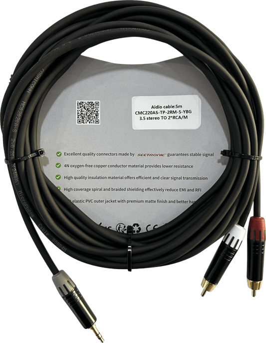 Cable 3.5mm a 2 RCA, conectores negros, con diferenciador de blanco y rojo en RCA MT380-RD - MT380-WH - MTP3C-BG, length 5m