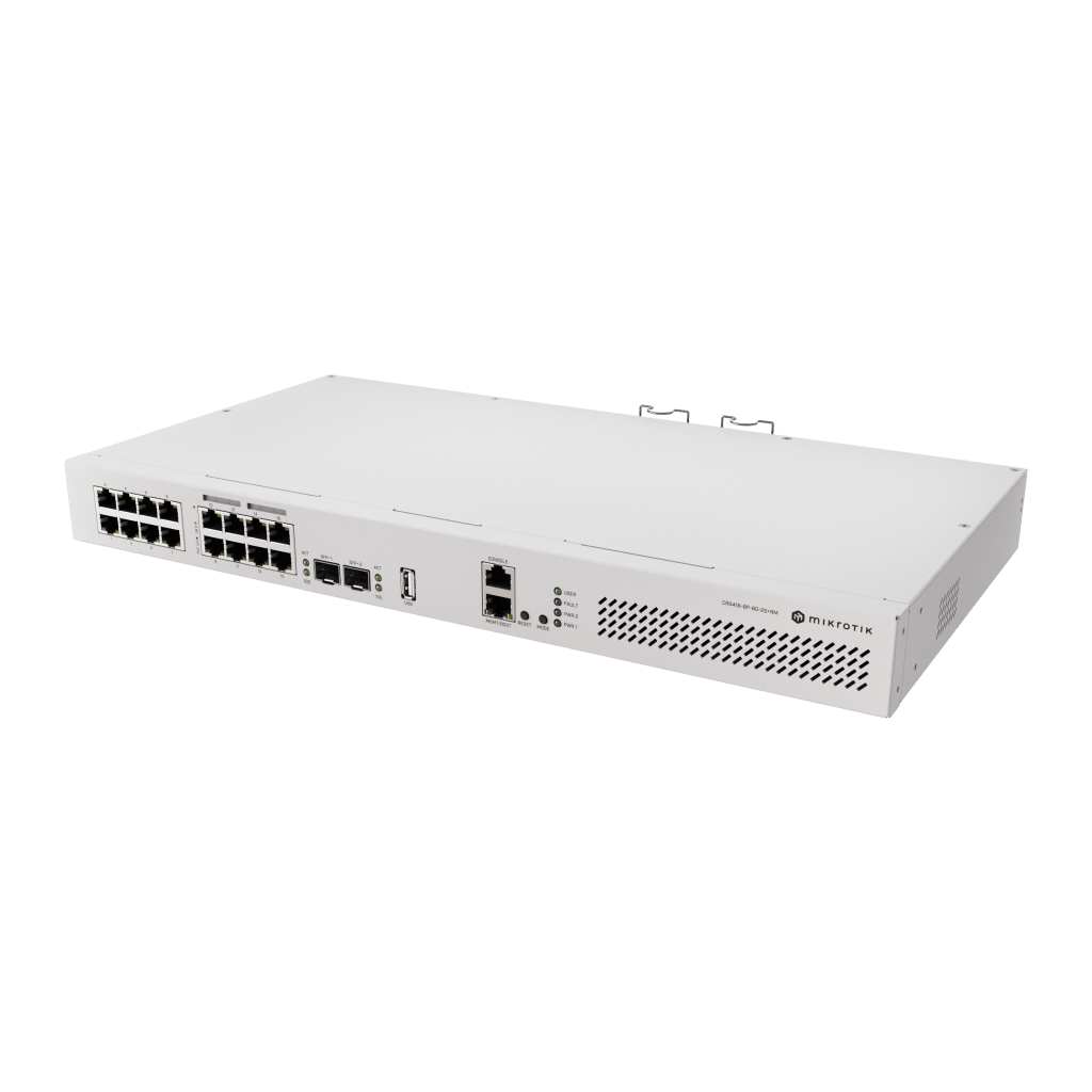 Switch de Red MikroTik CRS418-8P-8G-2S+RM / 17 Puertos Gigabit Ethernet / 8 Puertos PoE-out 802.3af/at / 2 Puertos SFP+ 10G / CPU Quad-Core 2.2 GHz