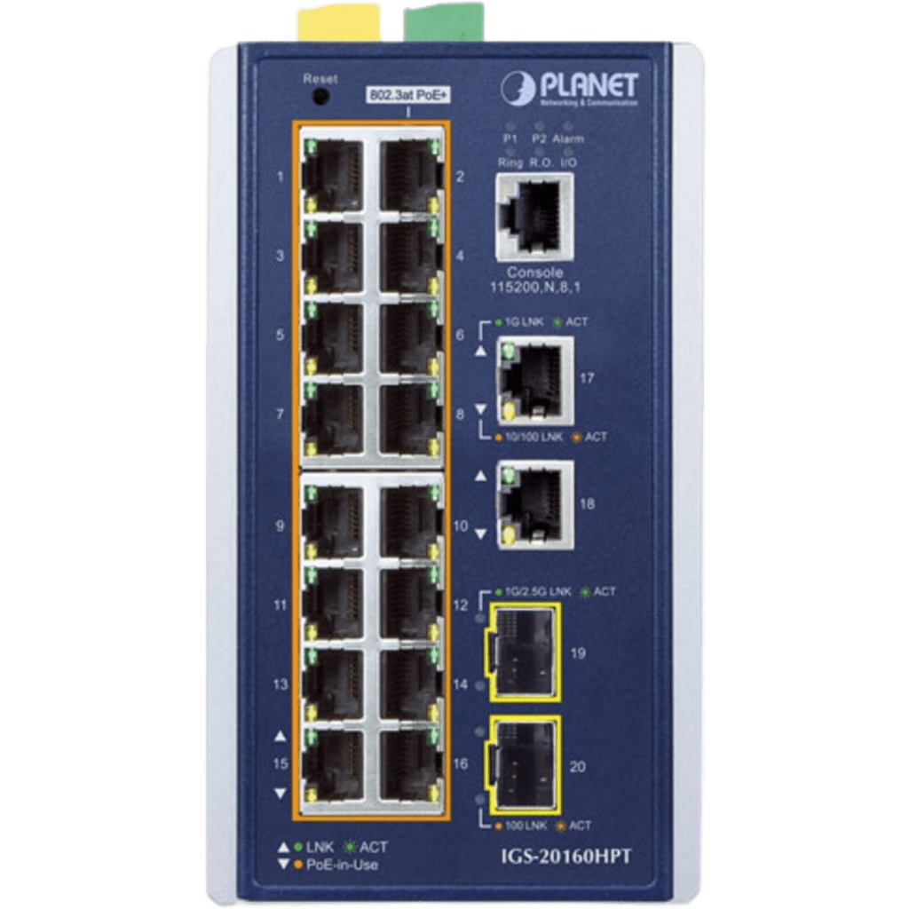 Switch Industrial Administrable 16 puertos 10/100/1000 T 802.3at PoE + 2 Puertos 10/100/1000 T + 2 puertos 100/1000 X SFP